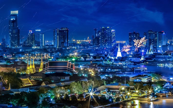 staden, panorama, natt, byggnader, stad, bangkok, huvudstaden, thailand