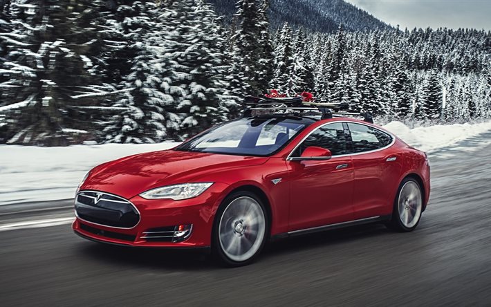 movimiento, 2015, de coches eléctricos, tesla modelo s p85d, rojo, bosque, invierno