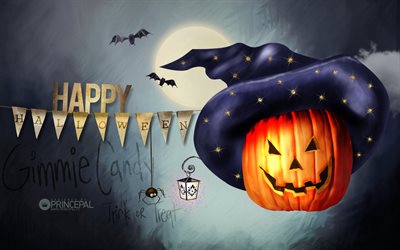 Halloween, la luna, la noche, las calabazas, los murciélagos