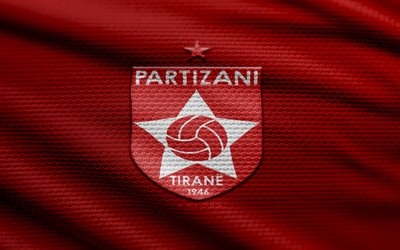 fk partizani ファブリックのロゴ, 4k, 赤い布の背景, 優れたカテゴリ, ボケ味, サッカー, fk パルチザーニのロゴ, フットボール, fkパルチアーニのエンブレム, fkパルチザーニ, アルバニアのサッカークラブ, パルチザーニfc
