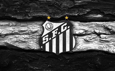 logotipo de madeira do santos fc, 4k, fundo de madeira branco preto, série b do brasileiro, futebol, logotipo do santos fc, emblema do santos fc, santos fc, clube de futebol brasileiro, santos, sfc