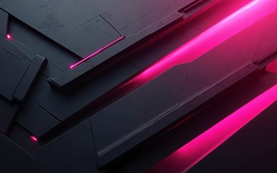 4k, pembe siyah arka plan, sanat eseri, malzeme tasarımı, pembe neon ışıkları, geometri, soyut arka planlar, geometrik arka planlar, soyutlamalar, siyah yüksek teknoloji arka planlar