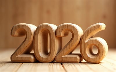 2026 Happy New Year, 4k, 2026 wooden numbers, 2026 concepts, Happy New Year 2026, wooden 2026 background, 2026 New Year