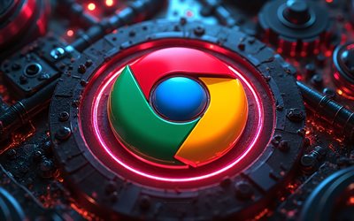 google chrome metalllogo, 4k, bunte neonlichter, bokeh, mechanische hintergründe, internetbrowser, google chrome 3d logo, kreativ, google chrome logo, google chrome