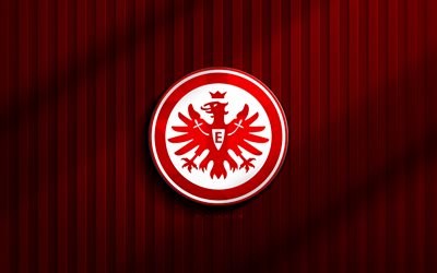 4k, شعار آينتراخت فرانكفورت ثلاثي الأبعاد, الدوري الألماني, خلفية حمراء ثلاثية الأبعاد, كرة القدم, شعار آينتراخت فرانكفورت, اينتراخت فرانكفورت, نادي كرة القدم الألماني, نادي آينتراخت فرانكفورت