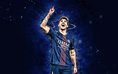 lucas beraldo, 4k, luces de neón azules, parís saint germain, liga 1, futbolistas brasileños, lucas beraldo 4k, fútbol americano, fútbol, psg, lucas beraldo psg