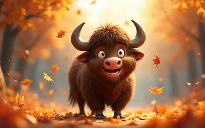 4k, buffle de dessin animé, automne, chute des feuilles, animaux 3d animés, bokeh, animaux heureux, buffle 3d, animaux 3d, buffle, animaux de dessin animé, buffles