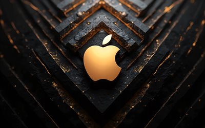 Apple gold metal logo, 4k, gold metal background, 3D stone background, Apple logo metal texture, Apple sign, Apple, gold 3D Apple logo, Apple emblem