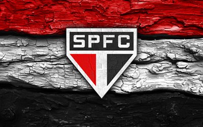 Sao Paulo FC wooden logo, 4k, black red wooden background, Brazilian Serie A, soccer, Sao Paulo FC logo, football, Sao Paulo FC emblem, Sao Paulo FC, Brazilian football club, Sao Paulo, SPFC