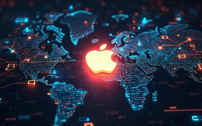 Apple logo, blue world map, 4k, Apple 3D logo, Apple emblem, Apple glowing logo, Apple sign, Apple, neon world map
