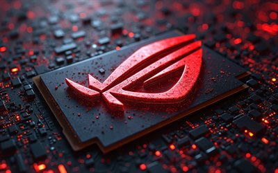 logotipo de metal rojo rog, 4k, bokeh, creativo, fondo rojo de alta tecnología, república de jugadores, microcircuitos, conductores, marcas, logotipo metálico rog, logotipo de la república de los jugadores, asus rog, logotipo de rog, rog