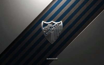 Malaga CF logo, 4k, steel background, Spanish football club, blue white lines, Malaga CF emblem, Segunda, football, Malaga CF, Spain, Malaga CF metal logo, Malaga CF crest, Malaga