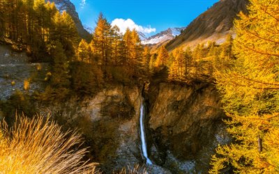 alpes franceses, 4k, outono, floresta, cachoeira, montanhas