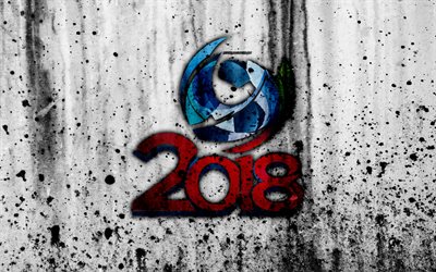 russland 2018, 4k, weißer hintergrund, fußball, fifa, grunge, world cup 2018, logo, 2018 fifa world cup