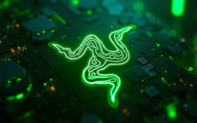 Razer green glitter logo, 4k, darkness, black hi-tech background, bokeh, microcircuits, conductors, electronics brands, creative, Razer logo on microcircuit, brands, Razer 3D logo, artwork, Razer logo, Razer
