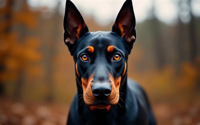 Dobermann, 4k, autumn, bokeh, forest, dogs, muzzle, cute animals, pets, dog in forest, Dobermann Dog