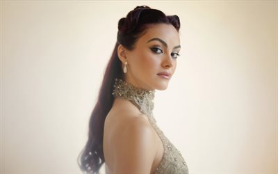 Camila Mendes, American actress, portrait, Vogue, photoshoot, popular actresses, beige dress, Camila Mendes photoshoot