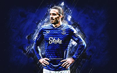 Jack Grealish, Everton FC, English footballer, portrait, grunge art, Everton, blue stone background, Premier League, England, football, Jack Grealish Everton FC