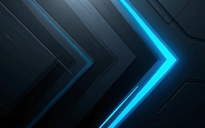 4k, blue black abstract background, artwork, blue neon arrows, material design, blue neon lights, arrows, geometry, abstract backgrounds, geometrical backgrounds, abstractions, black hi-tech backgrounds