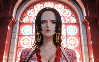 4k, boa hancock, vitray pencereler, tek parça, sanat eseri, kale, korsan imparatoriçe, tek parça karakterler, kuja korsanları, manga, boa hancock tek parça