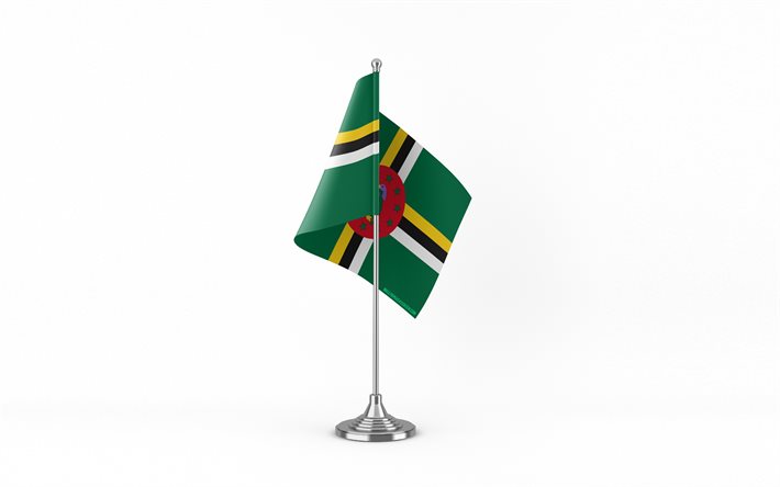 4k, Dominica table flag, white background, Dominica flag, table flag of Dominica, Dominica flag on metal stick, flag of Dominica, national symbols, Dominica, Europe