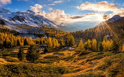 Val di Campo, 4k, sunset, forest, mountains, Alps, Switzerland, Europe, beautiful nature, HDR