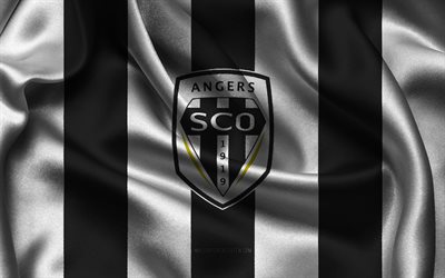 4k, angers sco logotyp, svart vit sidentyg, franska fotbollslaget, angers sco emblem, ligue 1, angers sco, frankrike, fotboll, angers sco flagga