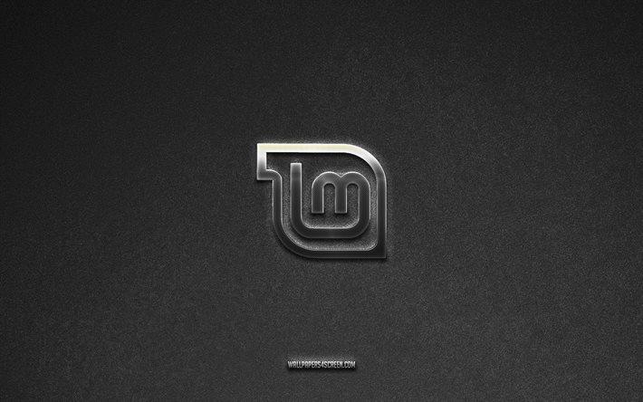 linux mint logotyp, märken, grå sten bakgrund, linux mint emblem, populära logotyper, linux mint, metallskyltar, linux mint metall logotyp, sten textur
