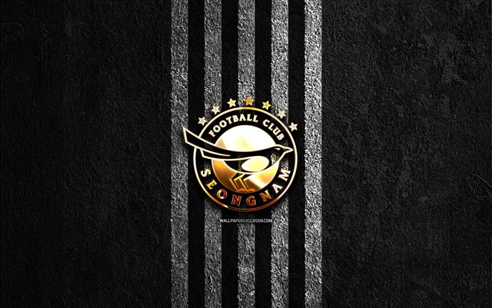 goldenes logo des seongnam fc, 4k, schwarzer steinhintergrund, k liga 1, südkoreanischer fußballverein, seongnam fc logo, fußball, seongnam fc emblem, seongnam fc, fc seongnam