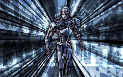 4k, T-800, blue rays background, T-800 Skin, abstract art, Fortnite T-800Skin, Fortnite characters, Fortnite, creative art
