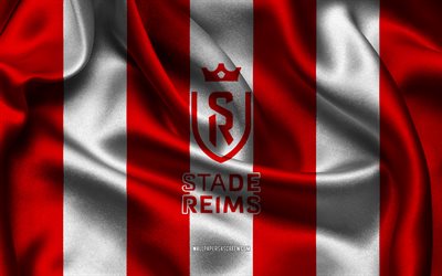 4k, logo dello stade de reims, tessuto di seta bianco rosso, squadra di calcio francese, emblema dello stade de reims, lega 1, stadio di reims, francia, calcio, bandiera dello stade de reims