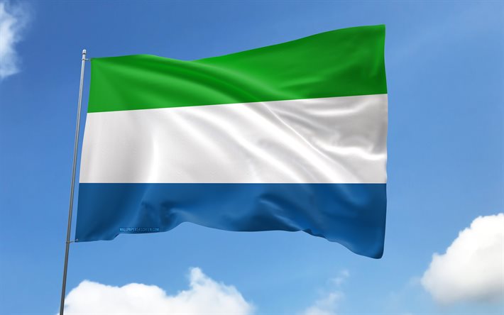 علم سيراليون على سارية العلم, 4k, الدول الافريقية, السماء الزرقاء, علم سيراليون, أعلام الساتان المتموجة, رموز سيراليون الوطنية, سارية العلم مع الأعلام, يوم سيراليون, أفريقيا, سيرا ليون