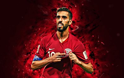 Hassan Al-Haydos, 4k, purple neon lights, Qatar National Football Team, soccer, footballers, purple abstract background, Qatari football team, Hassan Al-Haydos 4K