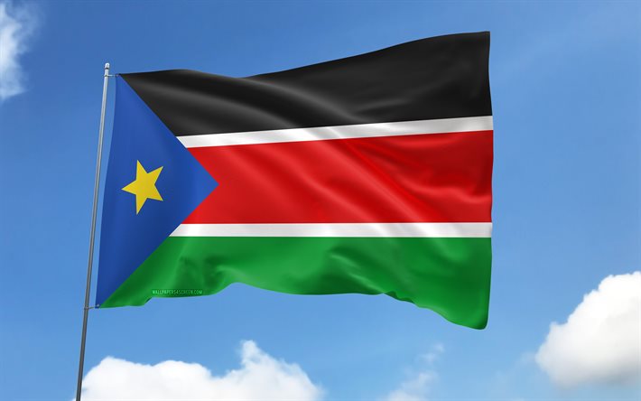 South Sudan flag on flagpole, 4K, African countries, blue sky, flag of South Sudan, wavy satin flags, South Sudan flag, South Sudan national symbols, flagpole with flags, Day of South Sudan, Africa, South Sudan