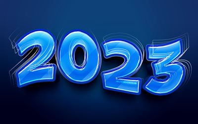 2023 Happy New Year, 4k, artwork, blue 3D digits, 2023 concepts, creative, 2023 3D digits, Happy New Year 2023, 2023 blue background, 2023 year