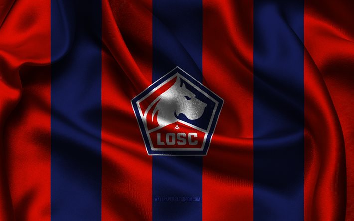 4k, Lille OSC logo, blue red silk fabric, French football team, Lille OSC emblem, Ligue 1, Lille OSC, France, football, Lille OSC flag