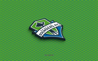 4k, Seattle Sounders FC isometric logo, 3d art, American soccer club, isometric art, Seattle Sounders FC, green background, MLS, USA, soccer, isometric emblem, Seattle Sounders FC logo