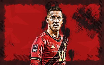 4k, Eden Hazard, grunge art, Belgium National Team, soccer, footballers, red grunge background, Belgian football team, Eden Hazard 4K