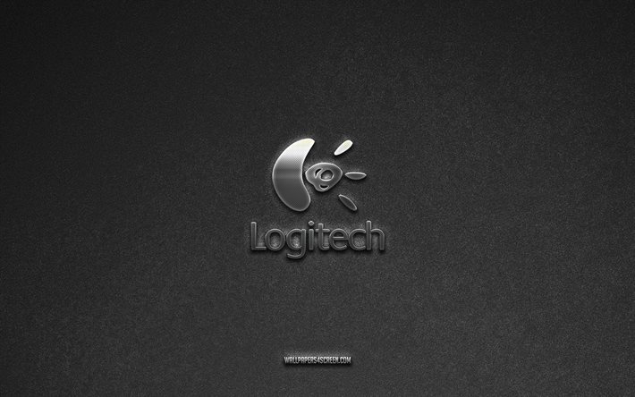logitechs logotyp, märken, grå sten bakgrund, logitech emblem, populära logotyper, logitech, metallskyltar, logitech metalllogotyp, sten textur