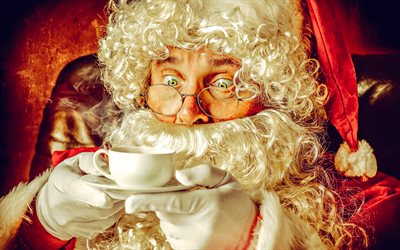 Santa Claus with a cup, Christmas evening, Happy New Year, Merry Christmas, white beard, fairytale characters, Santa Claus