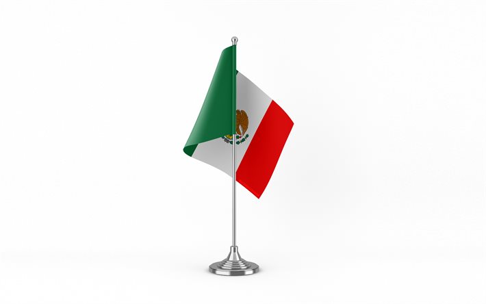 4k, meksikon pöytälippu, valkoinen tausta, meksikon lippu, meksikon lippu metallitikulla, kansalliset symbolit, meksiko, euroopassa