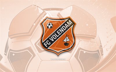 FC Volendam glossy logo, 4K, orange football background, Eredivisie, soccer, belgian football club, FC Volendam 3D logo, FC Volendam emblem, Volendam FC, football, sports logo, FC Volendam logo, FC Volendam