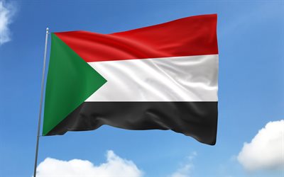bandiera del sudan sull'asta della bandiera, 4k, paesi africani, cielo blu, bandiera del sudan, bandiere di raso ondulato, bandiera sudanese, simboli nazionali sudanesi, pennone con bandiere, giorno del sudan, africa, sudan