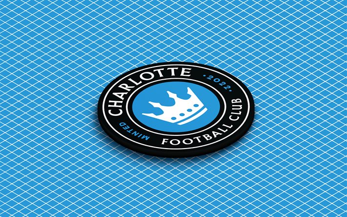 4k, Charlotte FC isometric logo, 3d art, American soccer club, isometric art, Charlotte FC, blue background, MLS, USA, soccer, isometric emblem, Charlotte FC logo