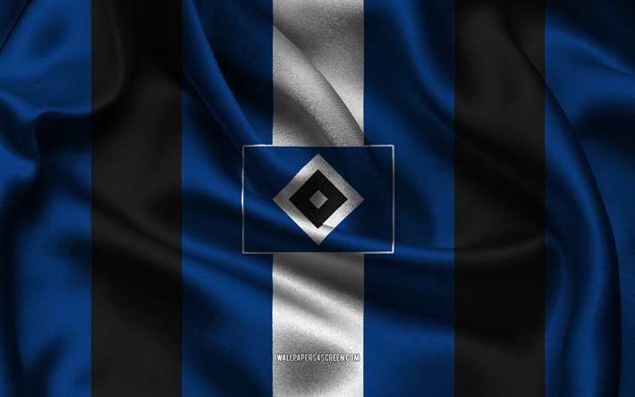 4k, logo hamburger sv, tissu de soie bleu noir, équipe allemande de football, emblème hamburger sv, 2 bundesliga, hamburger sv, allemagne, football, drapeau hambourg sv