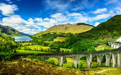 Glenfinnan Viaduct, 4k, summer, HDR, scottish landmarks, Lochaber, Scotland, United Kingdom, Great Britain, viaduct, beautiful nature