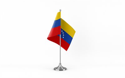 4k, bandiera da tavolo del venezuela, sfondo bianco, bandiera venezuelana, bandiera del venezuela sul bastone di metallo, bandiera del venezuela, simboli nazionali, venezuela, europa