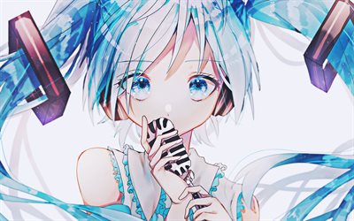 Hatsune Miku with microphone, 4k, concert, Vocaloid, protagonist, manga, fan art, Vocaloid characters, blue eyes, Hatsune Miku, japanese virtual singers, Hatsune Miku Vocaloid