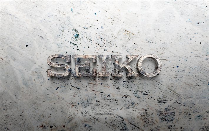 logo seiko in pietra, 4k, sfondo di pietra, logo seiko 3d, marche, creativo, marchio seiko, arte del grunge, seiko