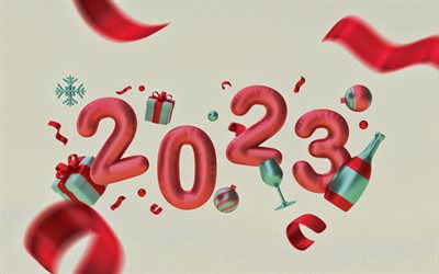 Happy New Year 2023, red satin letters, 2023 3d background, red 2023 3d inscription, 2023 Happy New Year, 2023 greeting card, 2023 concepts